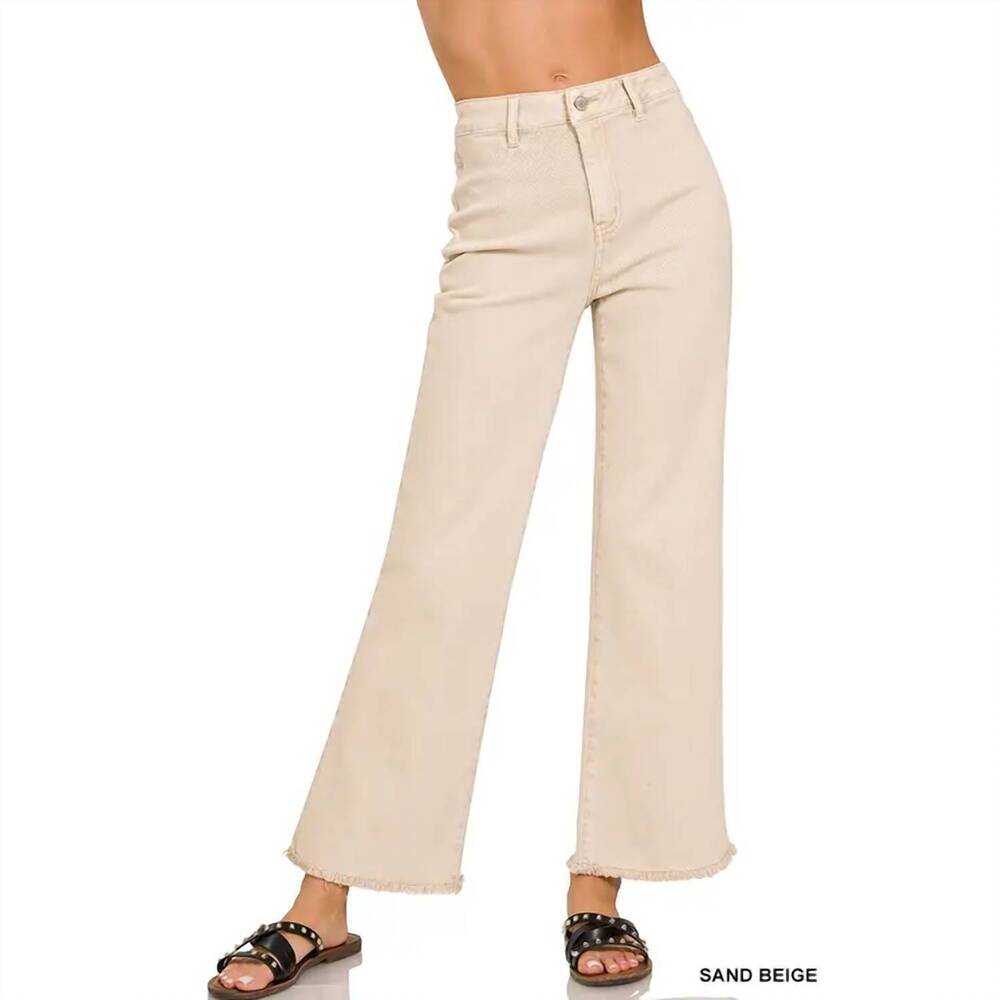 NEW ZENANA acid washed frayed cutoff hem straight wide pants in sand beige